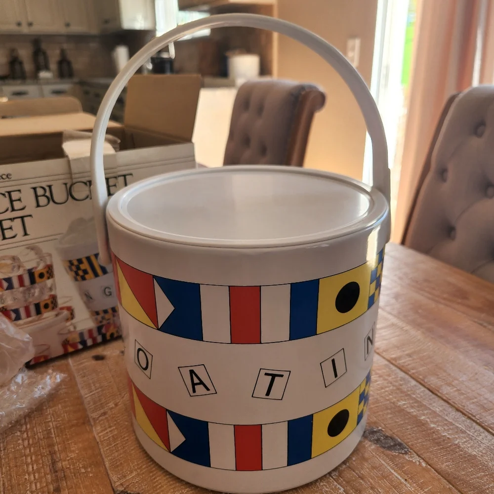 Vintage NEW In Box Nautical Boating 10 Piece Ice Bucket and Acrylic Glass Set
